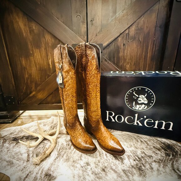 Rock'Em Shoes - Rock'Em Nancy Tall Snip Toe Tooled Leather Cowgirl Boots Size 8 NWT